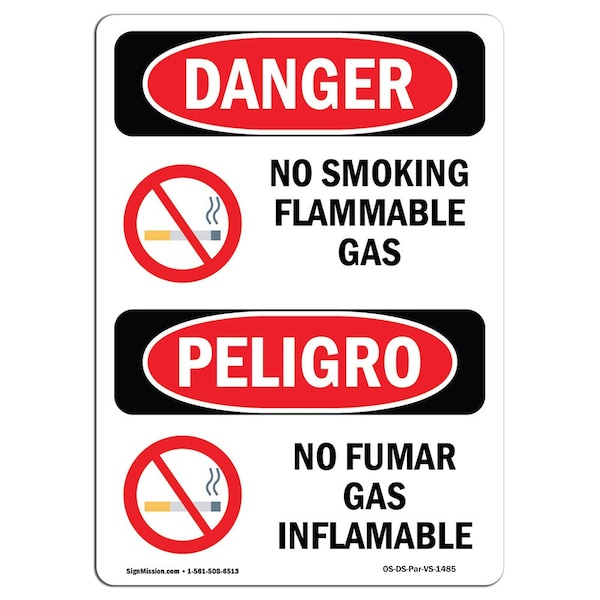 Safety Sign, OSHA Danger, 24" Height, Aluminum, No Smoking Flammable Gas Spanish